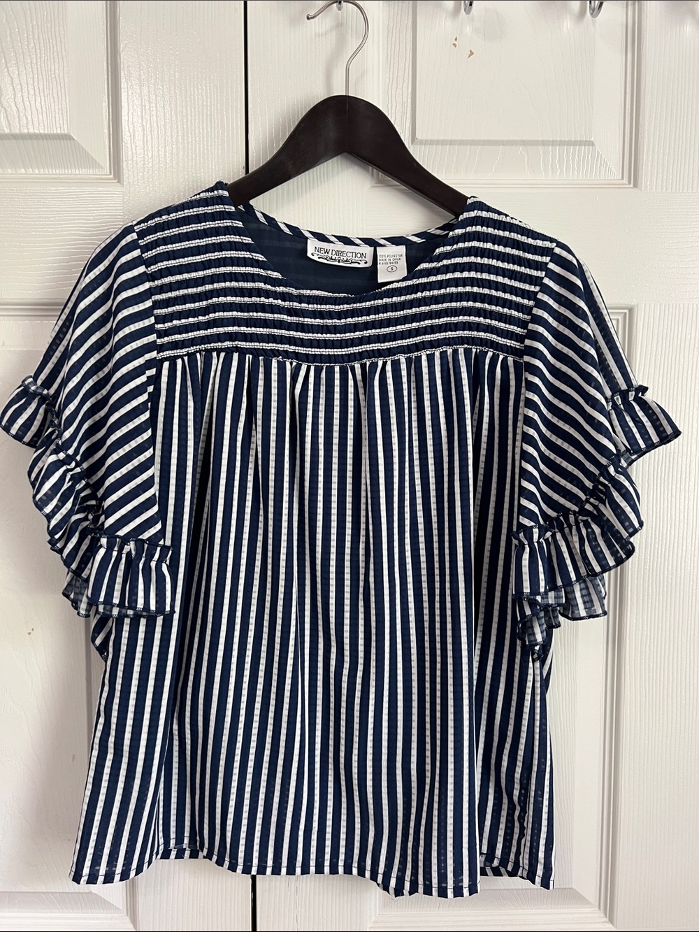 new directions Navy & White Striped Ruffle Sleeve Blouse
